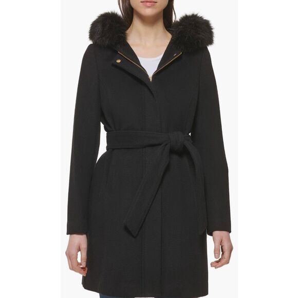 Cole‎ Haan Signature Faux Fur Trim Wool Blend Jacket, Size 10, Black, NWT - Picture 1 of 5